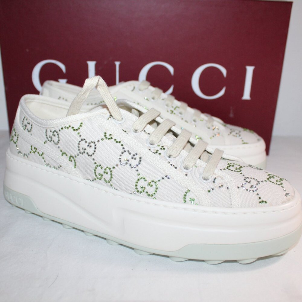 NWB Gucci 1977 Crystal New Canvas GG Lace Up Sneakers Loafers Trainers 40 810569